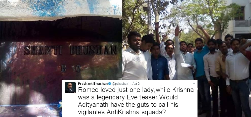 prashant bhushan tweet on krishna brings him in trouble, bjp volunteers protest outside his house