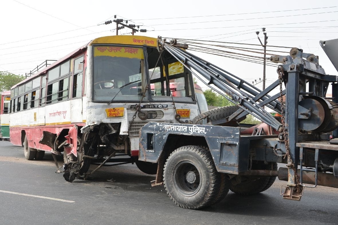 Roadway bus collided with dividers on highway