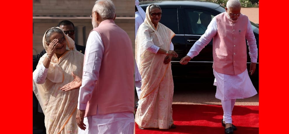 Narendra Modi with Sheikh Hasina during ceremonial reception at the forecourt of Rashtrapati Bhawan