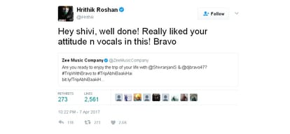 Bollywood Actor Hrithik Roshan congratulates playback singer Shivranjani Singh on twitter