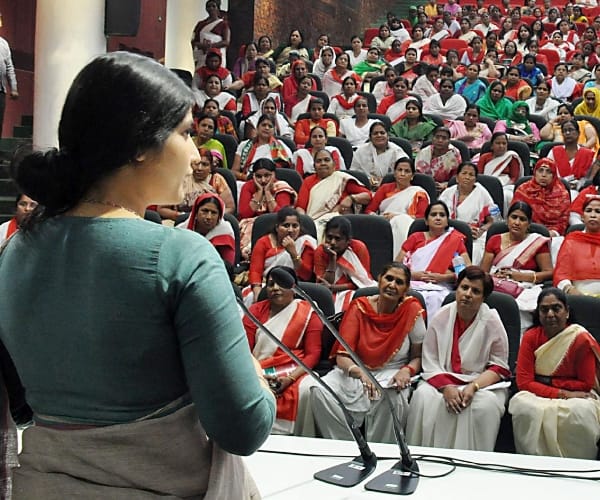 Dimple Yadav addresses women leaders in Lucknow.