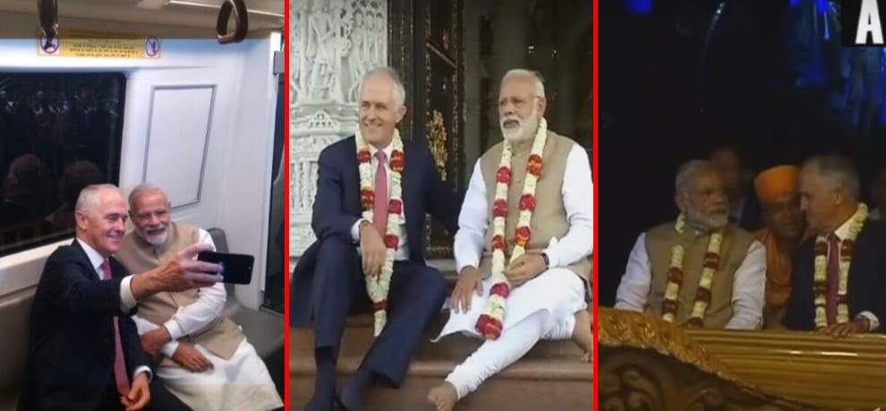 pm modi and his australian counterpart malcom turnbull visits metro and akshardham temple