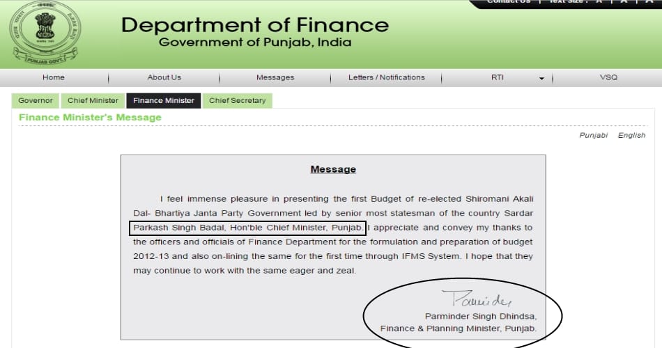  Prakash Singh Badal's name as CM in the Finance Department website