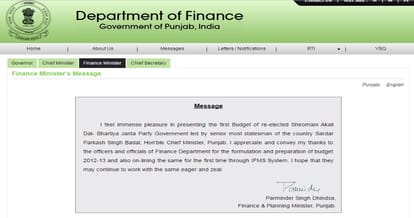  Prakash Singh Badal's name as CM in the Finance Department website