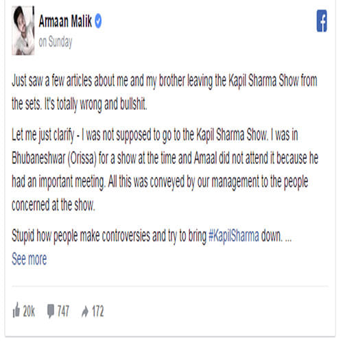 Armaan Malik denies walking out of the Kapil Sharma show