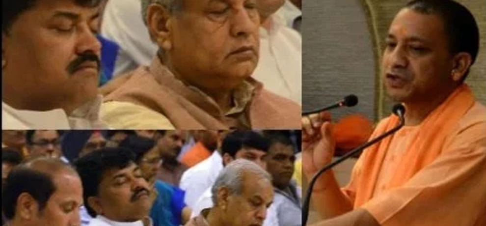  Ministers sleeping in chief minister adityanath programme.