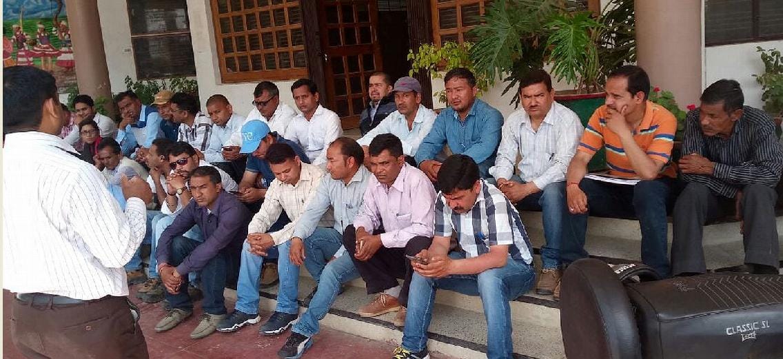 Gram Vikas officials give dharna at Vikas Bhavan