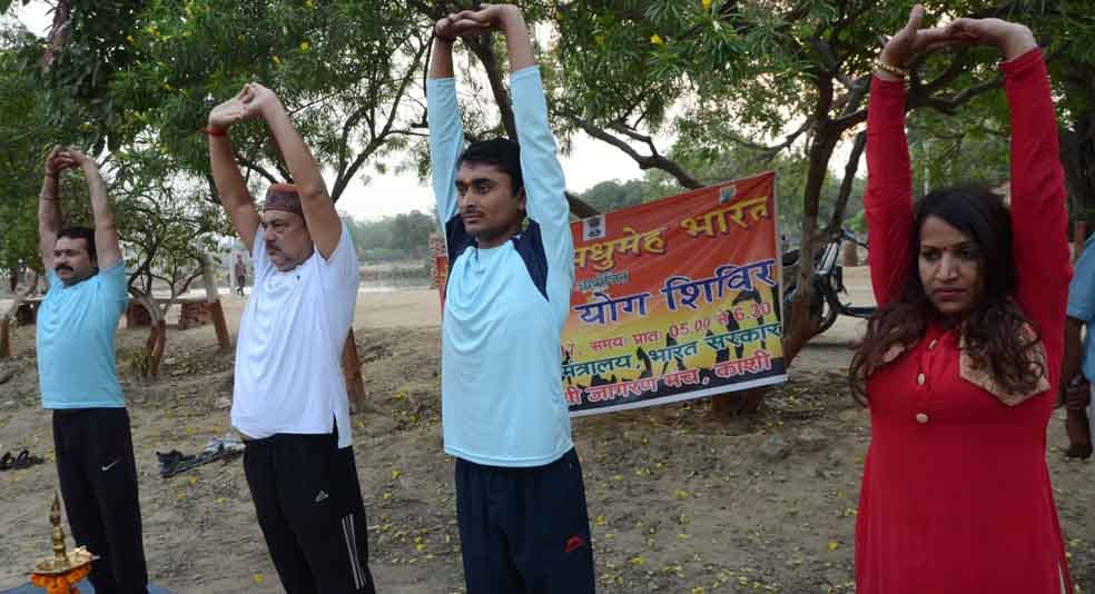 rural areas womens doing yoga with saree