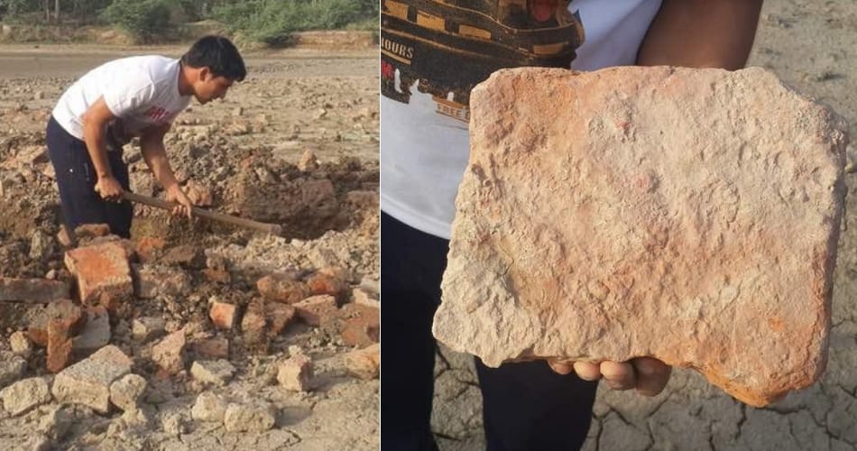 Rigvedic era remnants bricks wall found during pond digging in sonipat village of haryana