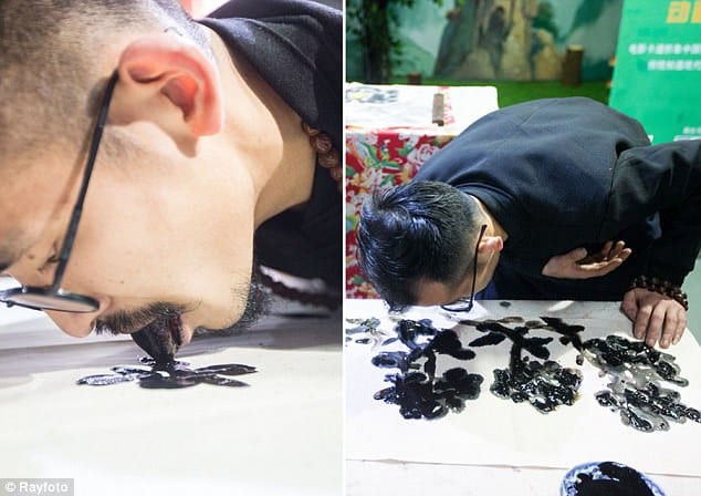 Chinese artist creates ink paintings using TONGUE