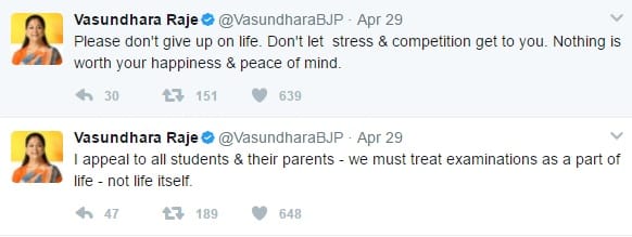 18 year old committed suicide cm raje tweets with strong message to students
