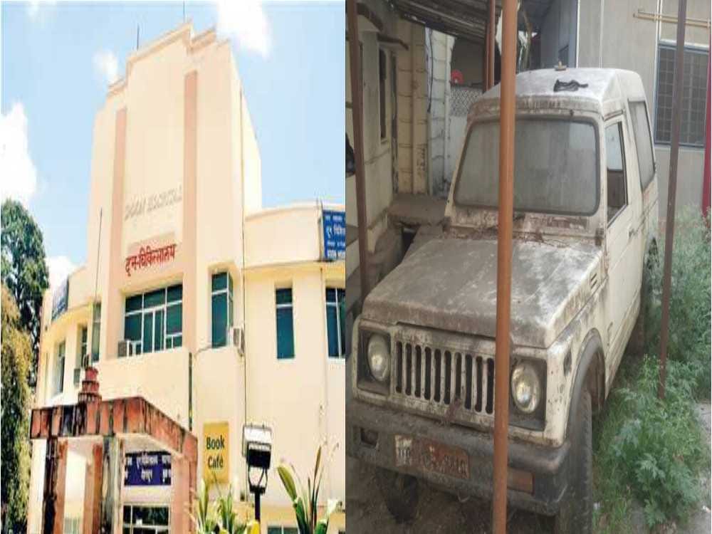 Car carved between the walls of dun hospital building