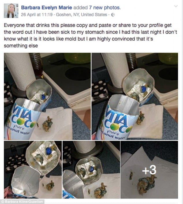 squid like object in a women's bottle of coconut water.