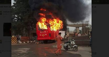 bus catches fire at bathinda