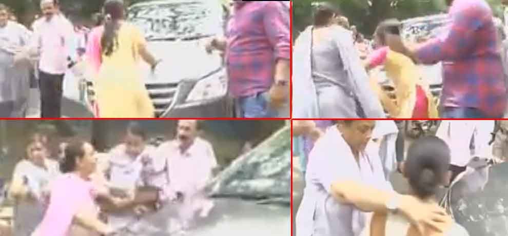 Former employees of a state Govt hospital protest in front of Delhi CM Kejriwal's car