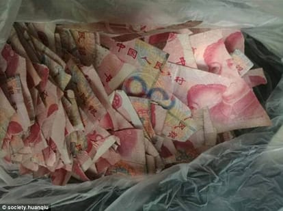 5 year old boy tears up banknotes 50,000 yuan