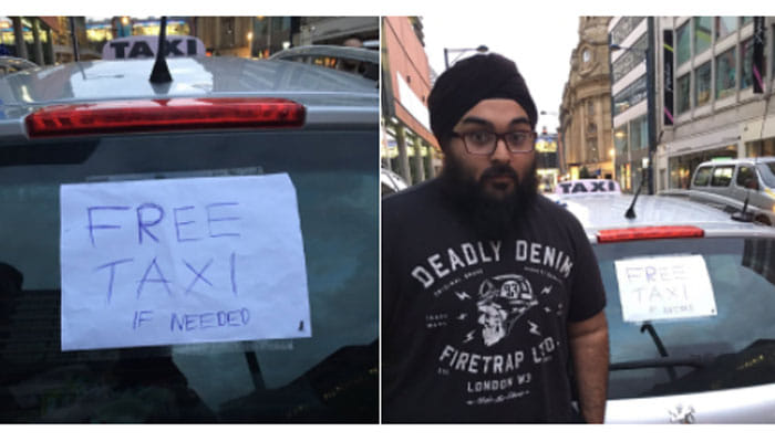 uk manchester bomb blast, indian origin sikh taxi driver free cab service for victims