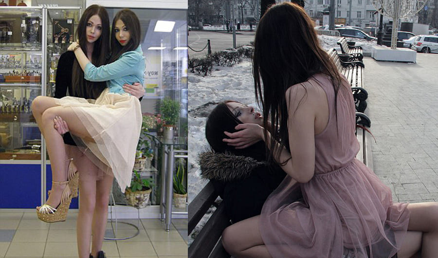 Identical female husband and wife