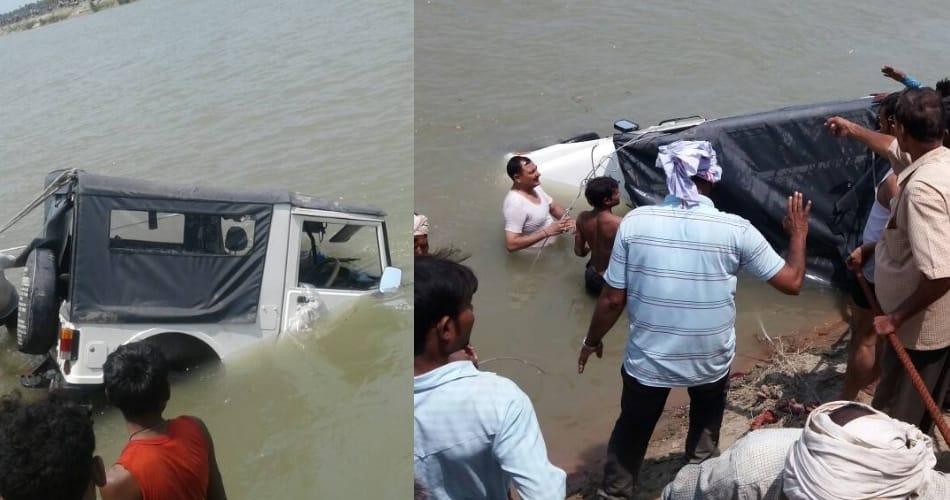 A jeep falls down in a canal in sitapur.