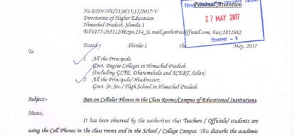 In Himachal ban on cellular phones in the classrooms and campus of educational institutions