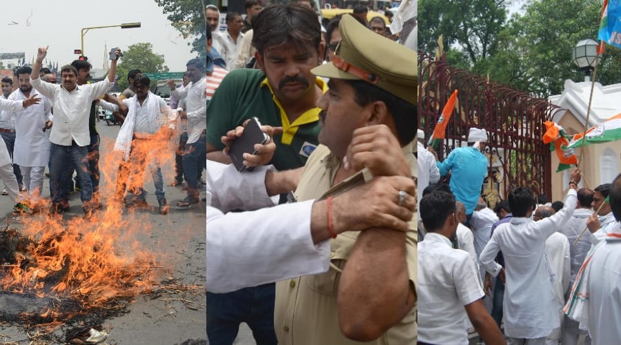 congress men protest in Lucknow against BJP government.