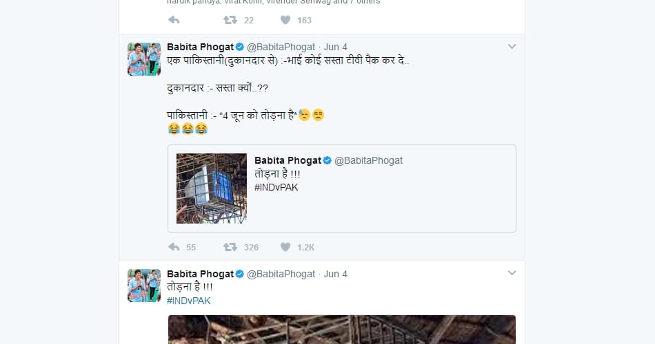 wrestler babita phogat tweets on india pakistan match