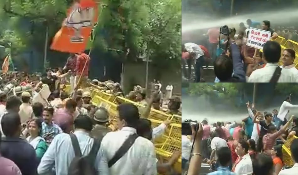 BJP protest over water and power crisis outside CM residence, water canon used against protesters