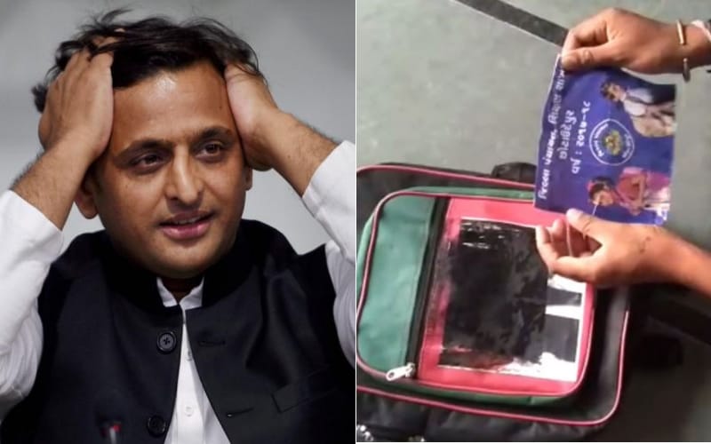 akhilesh reaction on his photo on school bags in gujrat