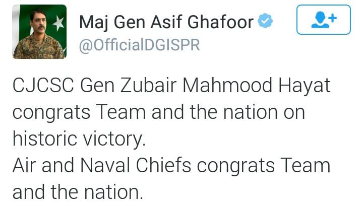 COAS congrats Team Pakistan & nation. Announces Umrah for team.