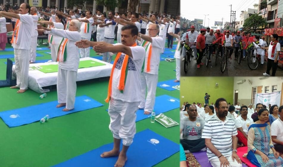 on international yoga day kejriwal and other do yoga and samajwadi party leaders ride bicycle