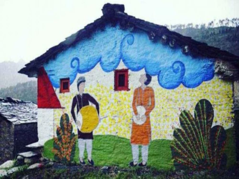 boy paint village with colours for stop Escape in uttarakhand 