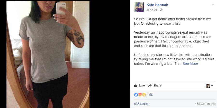 Barmaid Kate Hannah claims she was sacked for refusing to wear a bra
