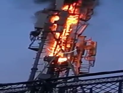 fire in mobile tower on roof of house in chakrata