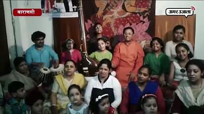 Mother along with daughters learning music at shilpayan sangeet vidyalaya in Varanasi 