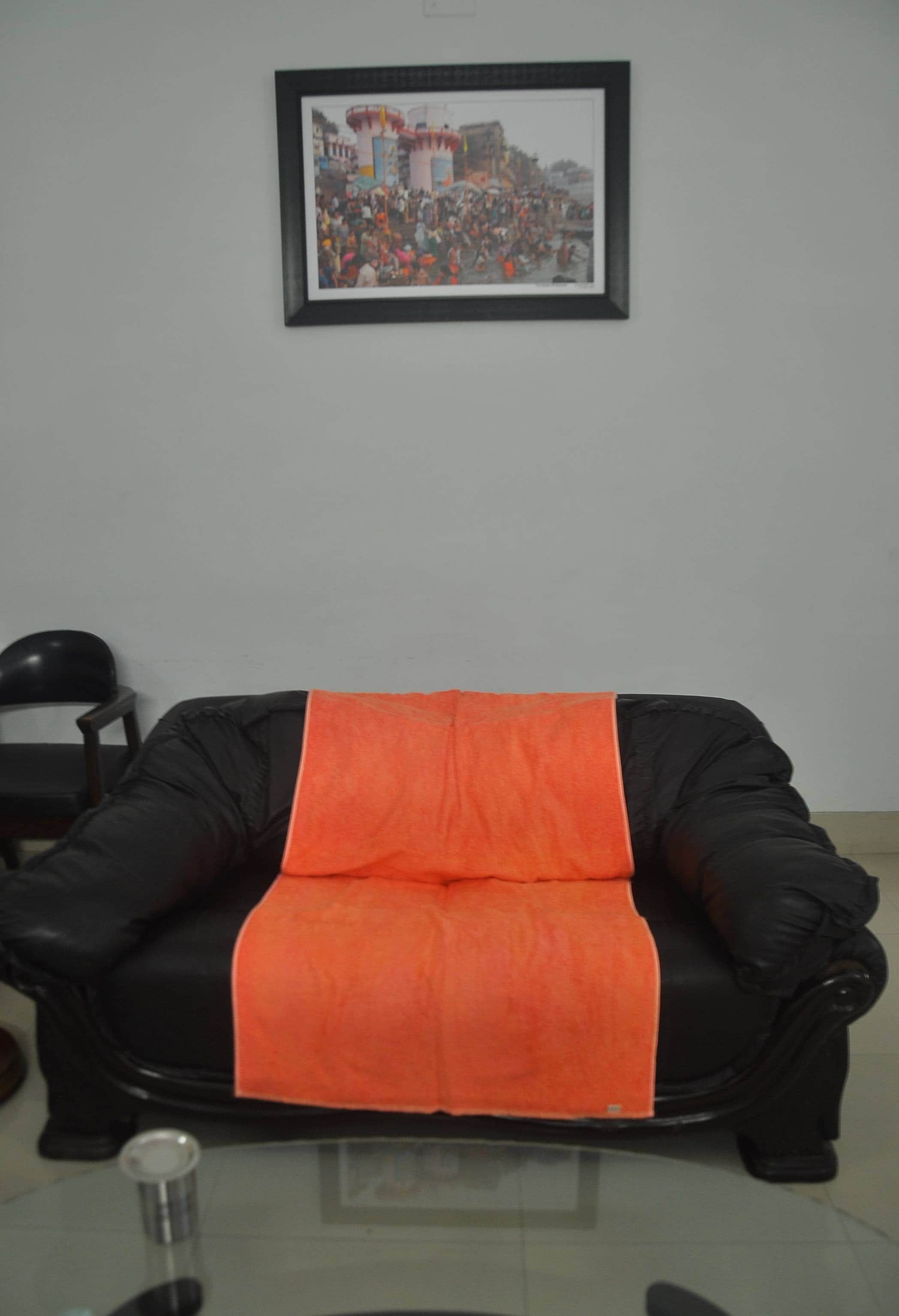 CM Yogi room, bedsheet, sofa cover in saffron color