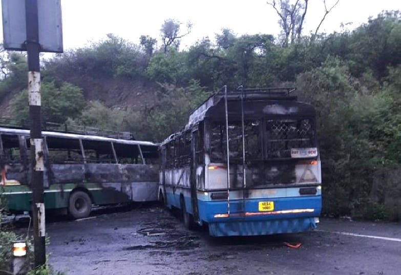 HRTC and Haryana Roadway Buses Gutted in Fire after Colide.