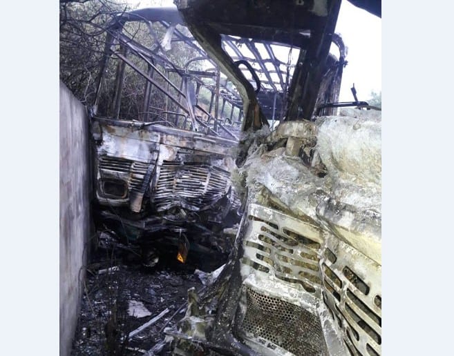 HRTC and Haryana Roadway Buses Gutted in Fire after Colide.