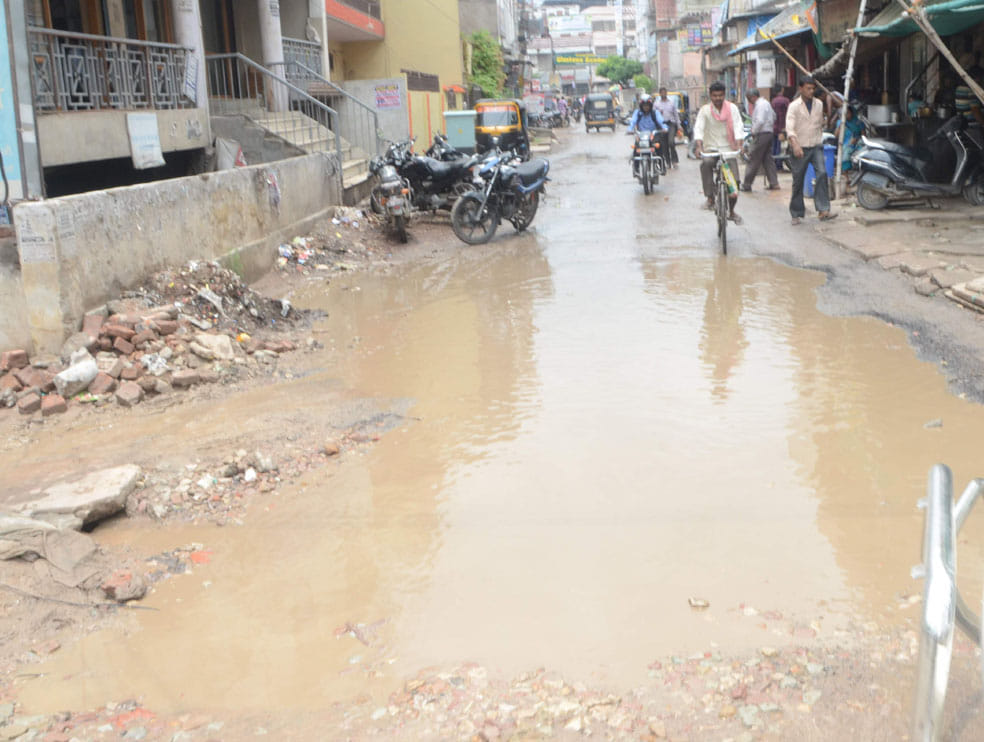 Water stored on road due to rain