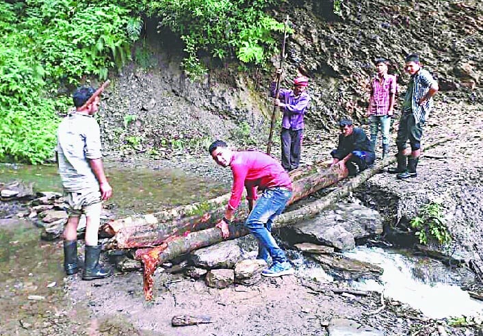 People from Pattarakot Gailla are busy creating a bridge