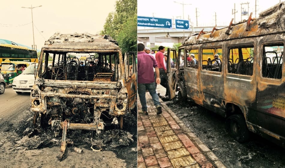 fire catches in mini school bus news akshardham temple in delhi, 24 children and teachers escape