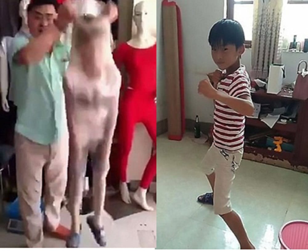 Chinese man gives hillarious demonstration of pantyhose tights by stuffing his son in it