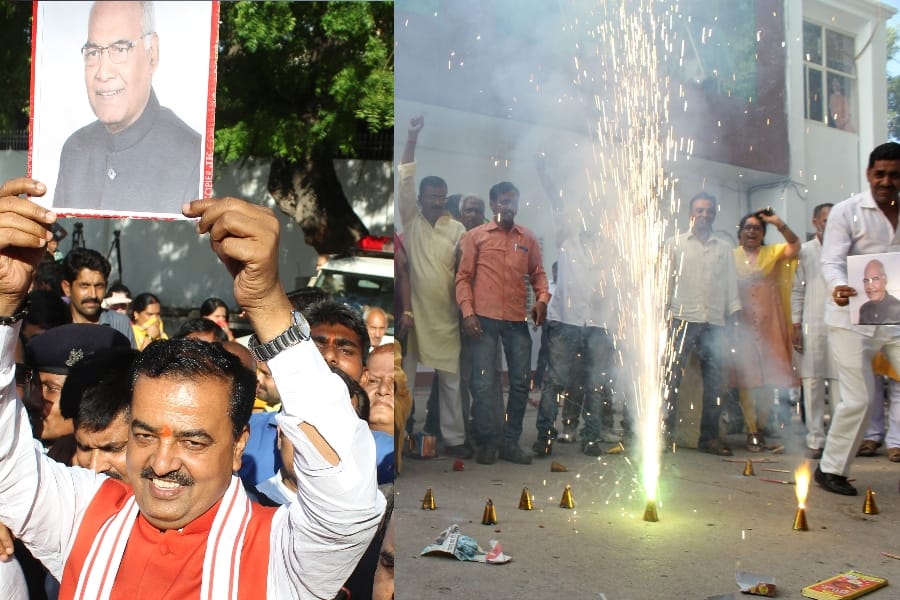 BJP activists celebrate Ramnath Kovind's victory in Lucknow in Uttar Pradesh.