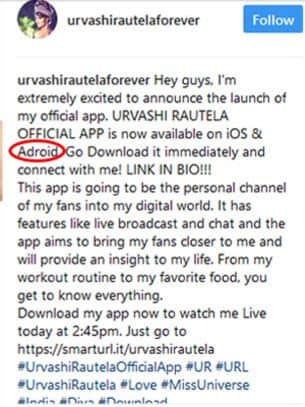 urvashi rautela made spelling mistake on instagram during app launch