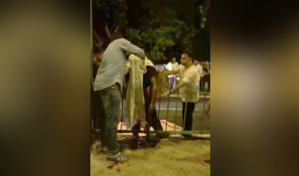 audi hits man and he falls on divider iron grill which goes out of his stomach , death in delhi