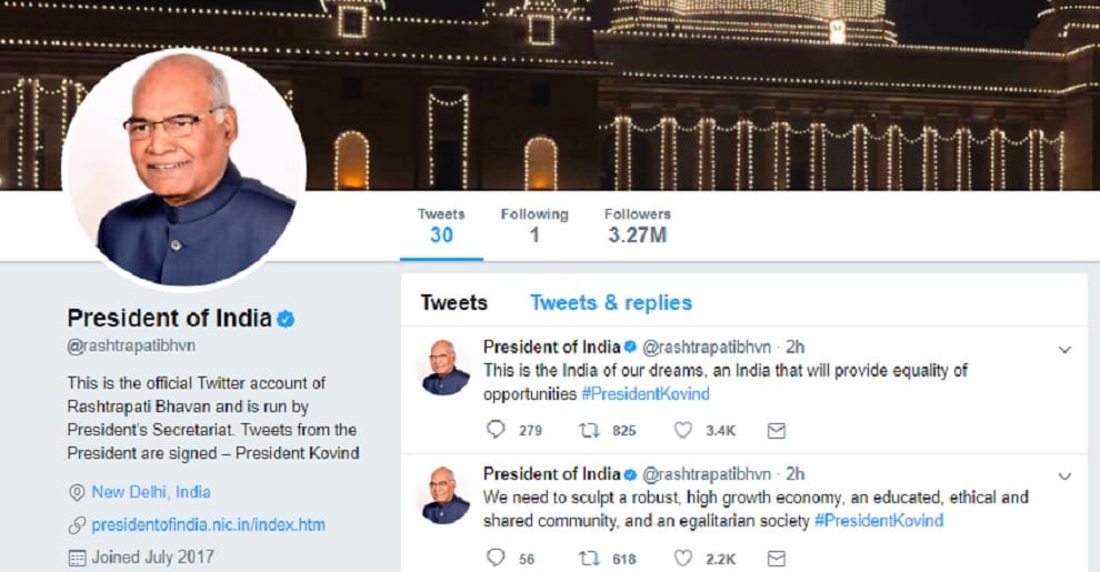 President Kovind pulls in 3.27 million Twitter followers on first day after taking Presidential Oath