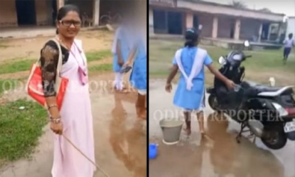 Odisha: Teacher Standing With A Stick, Students Clean Her Scooter