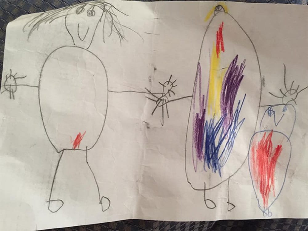 Five Year old son draws family Portrait and put red color on mother picture to mark   her period