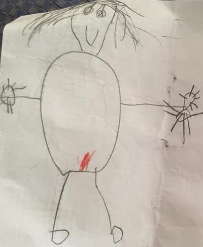 Five Year old son draws family Portrait and put red color on mother picture to mark   her period