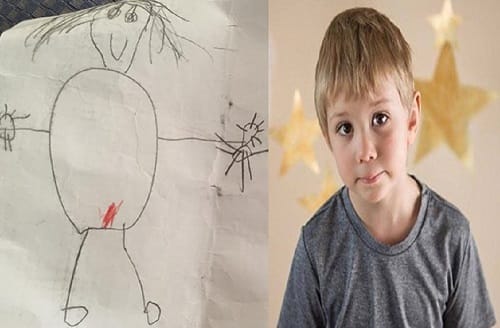 Five Year old son draws family Portrait and put red color on mother picture to mark   her period