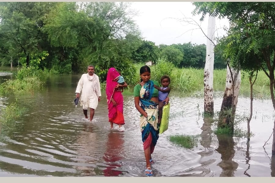 भारी बारिश से चार फीट खड़ंजा धंसा
